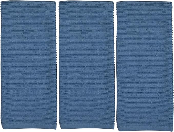 Chambray Light Blue Kitchen Hand Dish Towels: Oversized 28" x 18", 100% Cotton Cloth Soft Cleaning Drying Absorbent Textured Design, Set of 3 Multipurpose for Everyday Use