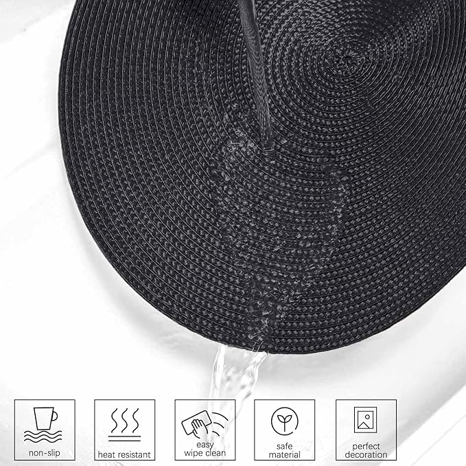 AHHFSMEI Round Placemats Set of 4 Heat Resistant Washable Non-Slip Woven Braided Table Mats for Dining Table Kitchen & Home Decor (Black,4)