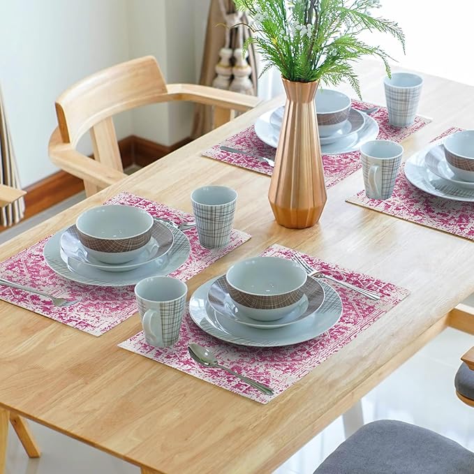 Gray Hot Pink Boho Placemats Set of 6 Ethnic Bohemian Carpet Place Mats Washable Kitchen Dining Vintage Grey Geography Floral Linen Table Mats Stain Heat-Resistant for Home Party Indoor 12x18 in