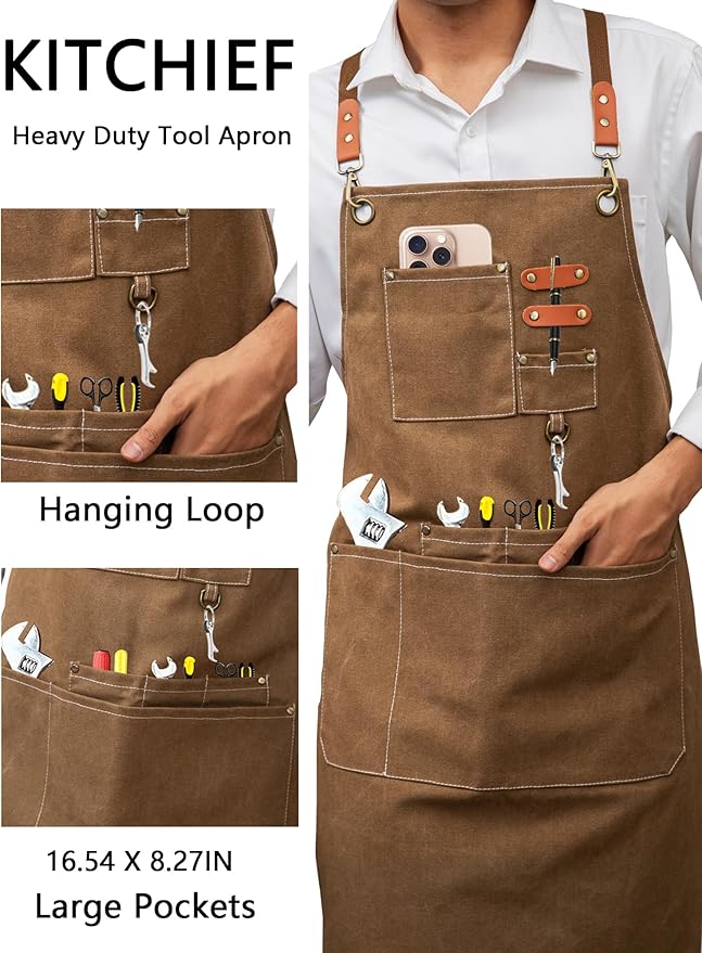 KITCHIEF Woodwork Aprons for Men,Tool Apron with loop and Pockets,Cross Back Heavy Duty Workshop Apron for Carpenter,Garden