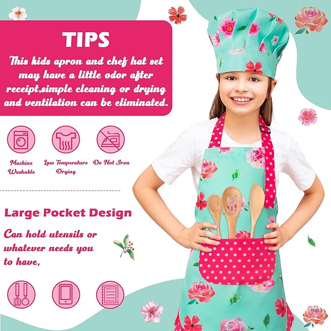 R HORSE Kid Apron and Chef Hat Set - 2Pcs Green Floral Toddler Kitchen Apron for Girls, Adjustable Role Play Costume Pretend Play Toy for Cooking Baking Painting Birthday Gift for Kids Ages 3-6