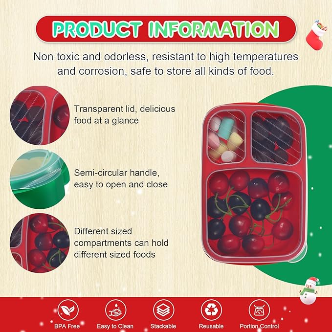 Honeydak 5 Pack Snack Containers 3 Compartment Bento Snack Boxes Divided Meal Prep Containers with Lids Reusable Adults Lunch Food Storage Box for School Work Travel (Red and Green)