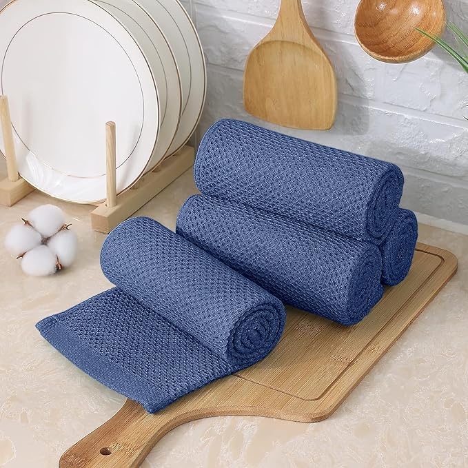 Kitinjoy 100% Cotton Kitchen Towels and Dishcloths Set, 12 Pack-13" x 28" and 12" x 12" Waffle Weave Dish Towels, Ultra Soft Absorbent Quick Drying Dish Rags, Navy Blue