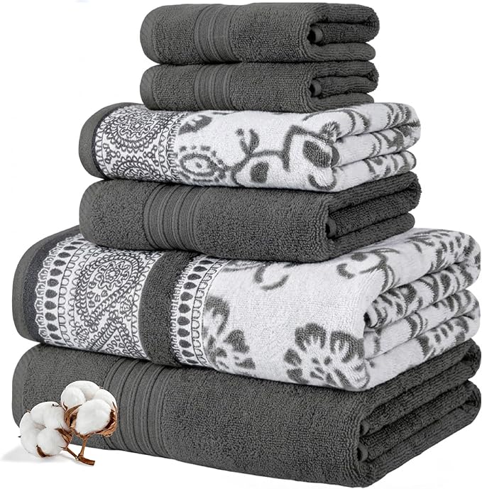Modern Threads Floral Trail 6-Piece 100% Cotton Towel Set – Reversible Yarn Dyed Jacquard – Includes 2 Bath Towels, 2 Hand Towels, 2 Washcloths – Absorbent, Quick Dry, Soft & Durable – Gray