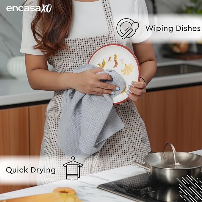 Encasa XO Kitchen Dish Towels Set | Light Grey | Waffle Weave and Flat Hand Tea Towel | 28"x18" | Quick Drying Reusable Cotton Washcloths | Multipurpose Lightweight Dishcloths Set of 4