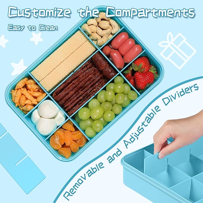 Xyptorix Snack Box Container for Kids - Adjustable 12-Compartment Snack Containers, Reusable Bento Box, Dishwasher Safe, BPA-Free, Perfect for School, Travel, Camping & Picnic, Blue