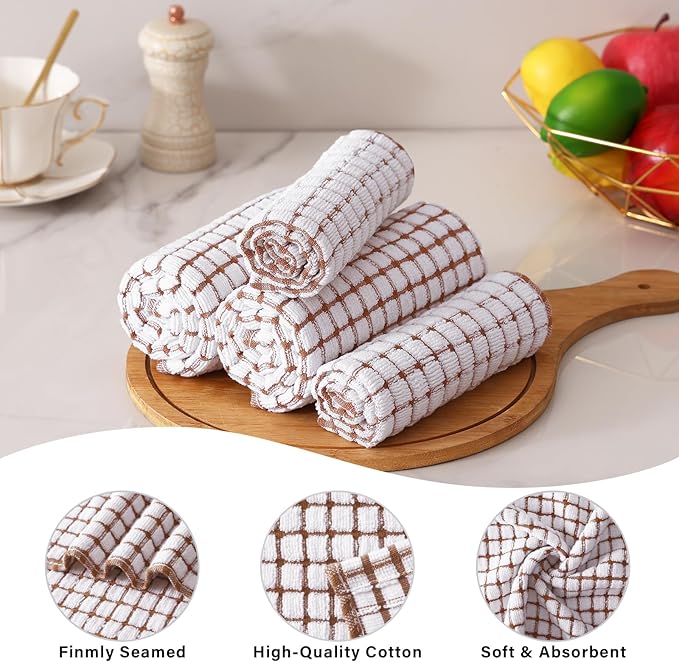Homaxy Kitchen Towels and Dishcloths Set, 16 x 25 and 12 x 12 Inches, Set of 8 Cotton Terry Kitchen Dish Towels, Super Soft and Absorbent Dish Cloths, Brown