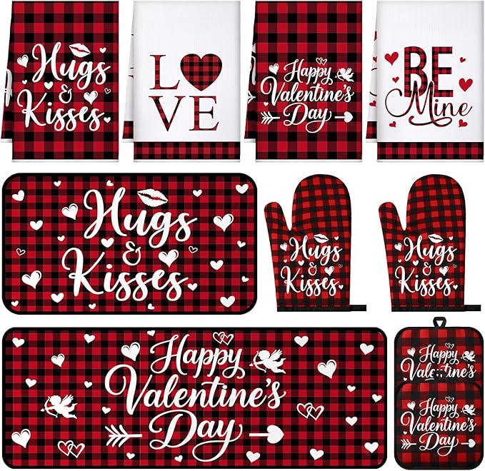 VitalCozy 10 Pcs Valentine's Day Buffalo Plaid Kitchen Decor Set Oven Mitts and Pot Holders Heart Kitchen Towels and Rugs for Chef Baking Cooking Grilling BBQ Gift