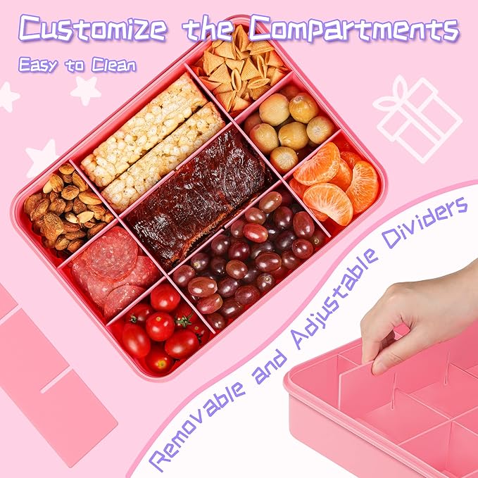 Xyptorix Snack Box Container for Kids - Adjustable 12-Compartment Snack Containers, Reusable Bento Box, Dishwasher Safe, BPA-Free, Perfect for School, Travel, Camping & Picnic, Pink, Large