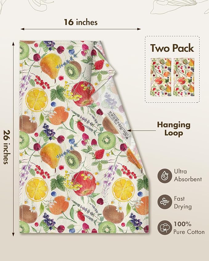 Miss Adola Flour Sack Kitchen Towels - Set of 2 Cotton Dish Towels with Hanging Loop Decorative 18x26 Inch Absorbent Cute Design for Housewarming Gifts, Fruits