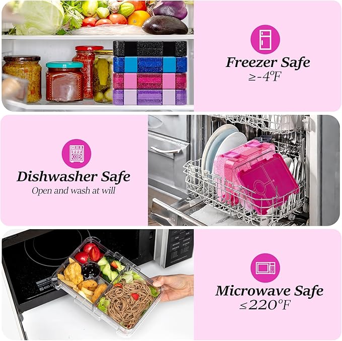 Bento Lunch Box for Kids, Plastic Lunch Box Case 5/6 Tritan Compartments, BPA free, Ideal Portion Sizes for On-the-Go Meal, Shiny Rose and Clear
