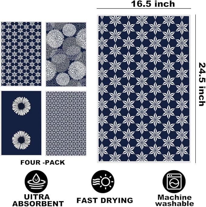 4 Pcs Blue Flower Artistic Kitchen Towels, Blue Flower Absorbent Tea Hand Towel, Microfiber Dish Cloths for Drying Dishes, Waffle Dish Towels for Kitchen Bathroom, Housewarming Gifts