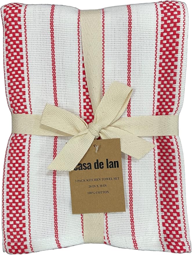 Kitchen Towels Set – Pack of 3 (20’’ x 30’’) Extra Large Premium Cotton Dish Towels for Kitchen – Chain Stripe Towels – Absorbent – 100% Cotton – with Hanging Loop – Red