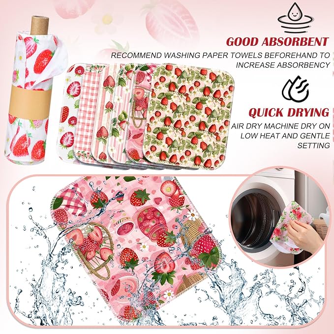 36 Pack Reusable Cleaning Cloths Washable Cotton Kitchen Dish Towels for Home Party Supplies Bulk, 9.84x11.81in (Strawberry)