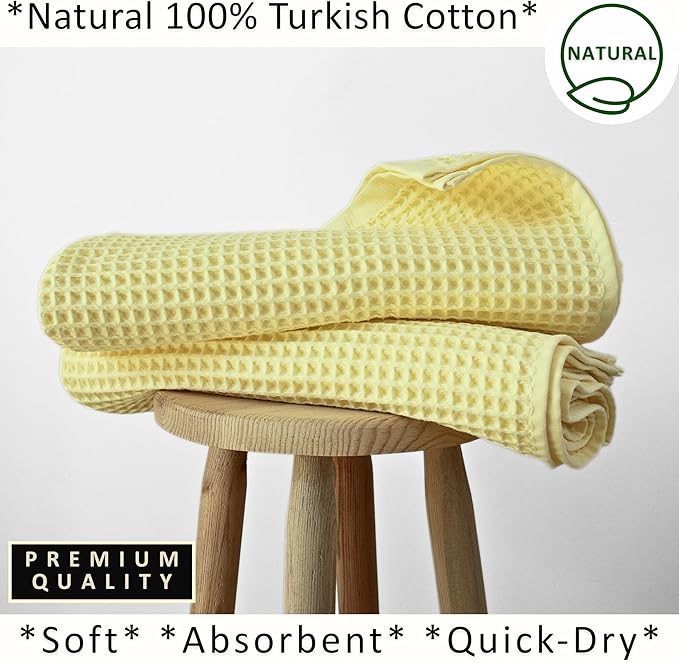 PÜSKÜL Natural 100% Turkish Cotton Waffle Bath Towels Set of 2-Piece | 32x63 Extra Large Absorbent Quick-Dry Lightweight Spa Towel | Decorative Guest Bathroom Towel (Yellow Bath Towels - Pack of 2)