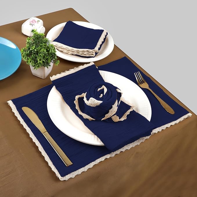 Fingercraft Dinner Cloth Napkin Cotton Muslin Double Gauze 4 Pack with Classic Lace for Everyday Use, Wedding, Party, Christmas, Easter Napkins Cloth are Pre Shrunk and Good Absorbency Navy