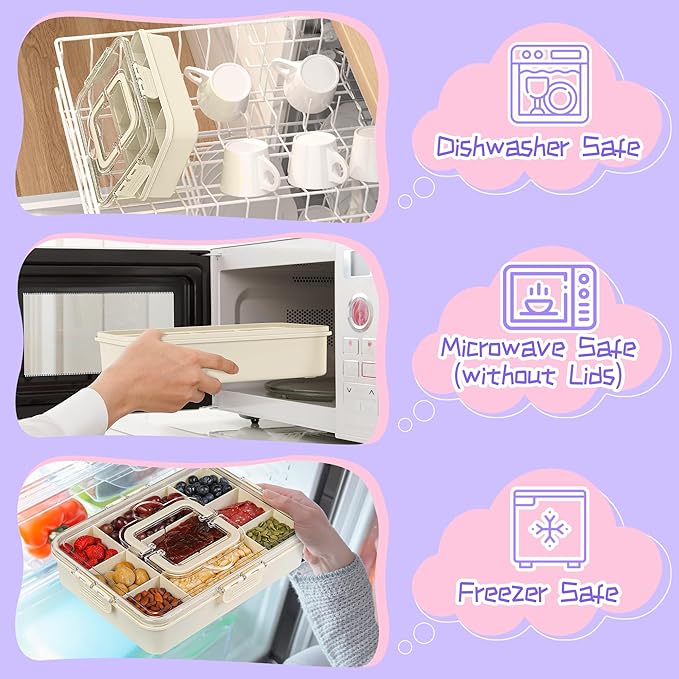Xyptorix Snack Box Container for Kids - Adjustable 12-Compartment Snack Containers, Reusable Bento Box, Dishwasher Safe, BPA-Free, Perfect for School, Travel, Camping & Picnic, Ivory White, Large
