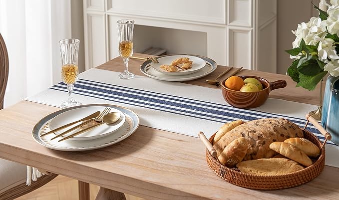 Boho Table Runner for Modern Farmhouse Decor, Dining Table décor 13 x 72 Inch Long with Handcrafted Tassels, Navy Blue and Beige Stripe Table Runner for Home Boho décor