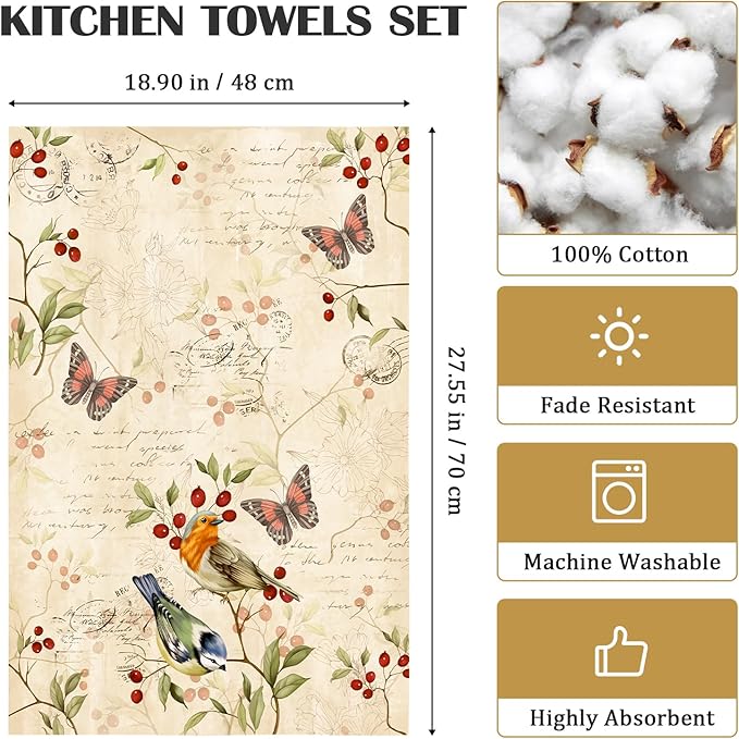 Retro Birds Tea Towels, Cotton Kitchen Towel 18.9 × 27.5 inch, Gifts for Bird Lovers, Quick Drying Dish Cloth for Party Anniversary Holiday Decoration, Housewarming Gifts for Mom