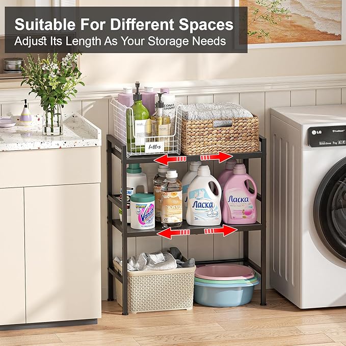 Expandable Metal Storage Shelves, 300 LBS Heavy Duty Metal Shelving Unit Rack For Pots And Pans Appliances Heavy Items, Adjustable 2 Tier Storage Shelf Rack Organizer For Kitchen Pantry Garage Laundry