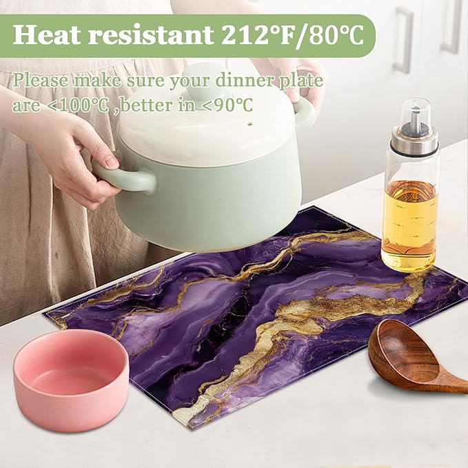 Purple Gold Marble Placemats Set of 6, Washable Heat Resistant Table Mat Linen Place Mats for Party Kitchen Dining Home Decor 12x18 Inch