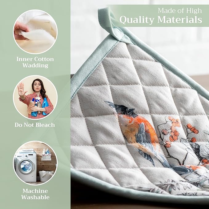 Maison d' Hermine Pot Holders Set 100% Cotton Heat Resistant Potholders 8" x 8" Hot Pads with Loop for Thanksgiving Christmas Decorations Baking Handling Hot Pans (Pack of 2, Whitish Shabby Chique)