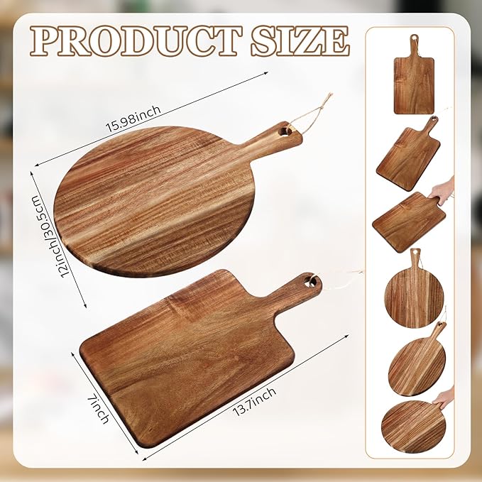 Hsei 2 Pcs Acacia Wood Cutting Board with Handle Wooden Charcuterie Board Large Paddle Carving Chopping Set Butter Serving Tray for Cheese Meat Fruit Pizza Bread Baking