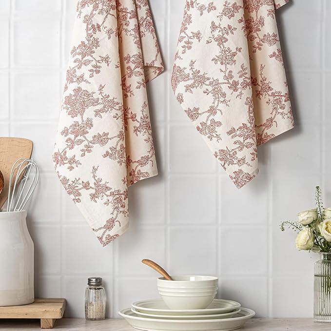 100% Cotton French Pastoral Kitchen Towels Set of 2, Decorative Flour Sack Tea Towels with Hanging Loop 18x25 Inch Absorbent Dish Cloths Farmhouse Home Decor, Red