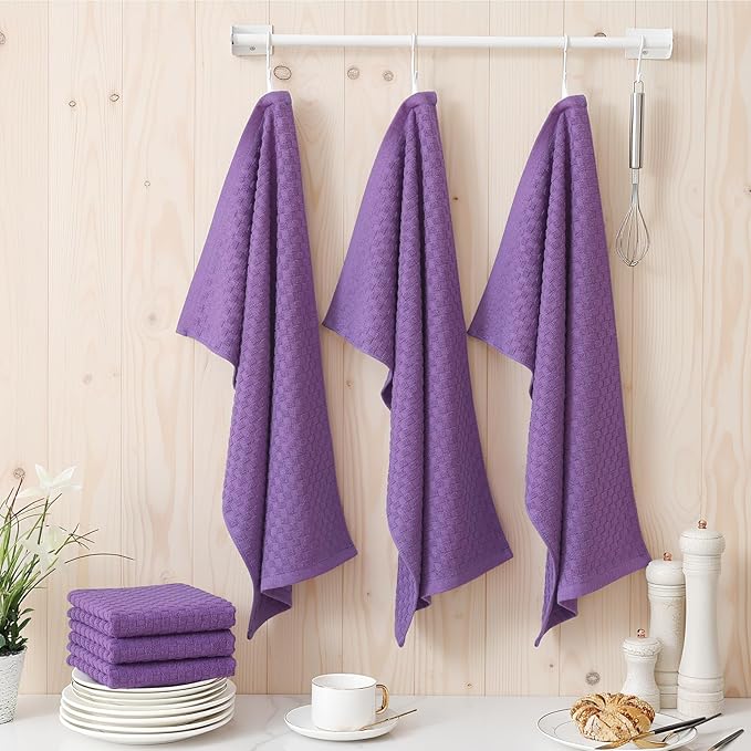 Homaxy 100% Cotton Terry Kitchen Towels(15" x 25", 12 Pack), Soft and Super Absorbent Dish Towels, 380 GSM Reusable Tea Towel with Hanging Loop, Pineapple Grid Designed, Purple