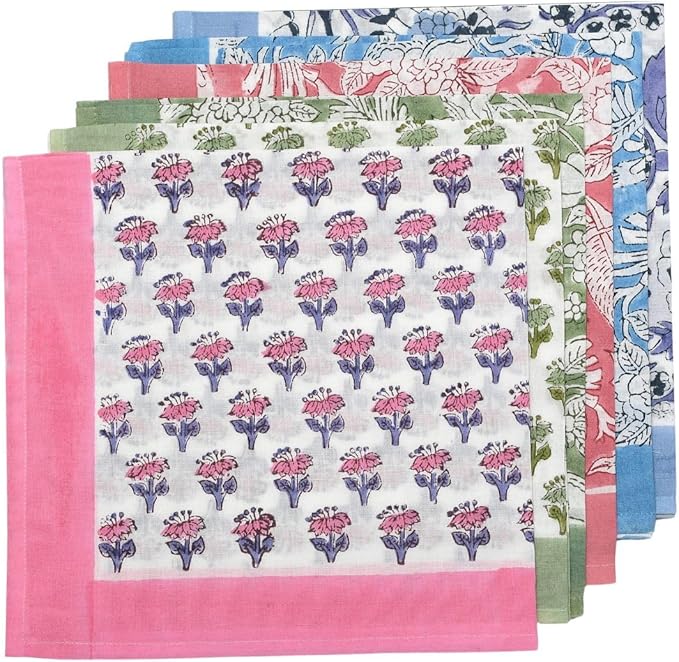 CPC Mix Border Indian Block Print Cotton Cloth Napkins Set of 4, 18x18 Reusable Everyday Napkins, Soft, Absorbent, Floral Dinner Napkin, Holiday, Party Gift, Spring,Mother's Day