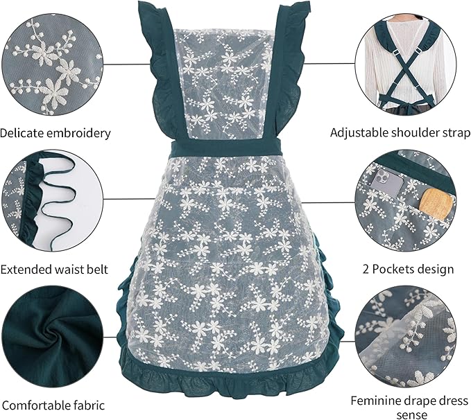 Pinknoke Vintage Pinafore Apron Dress for Women with Pockets Cute Floral Chef Aprons for Kitchen Cooking Baking Gardening