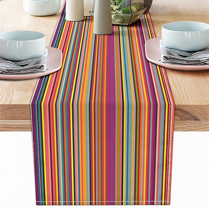 Niviy Bright Colorful Striped Table Runner, 12x72 Inch Mexican Rainbow Colored Geometric Pattern Table Runners for Holiday Party Kitchen Dining Room Decoration