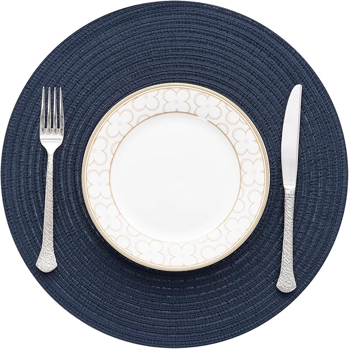 SHACOS Round Placemats Set of 8 Washable 15 inch Round Table Mats Cotton Polyester Woven Braided Place Mats for Dining Table, Navy
