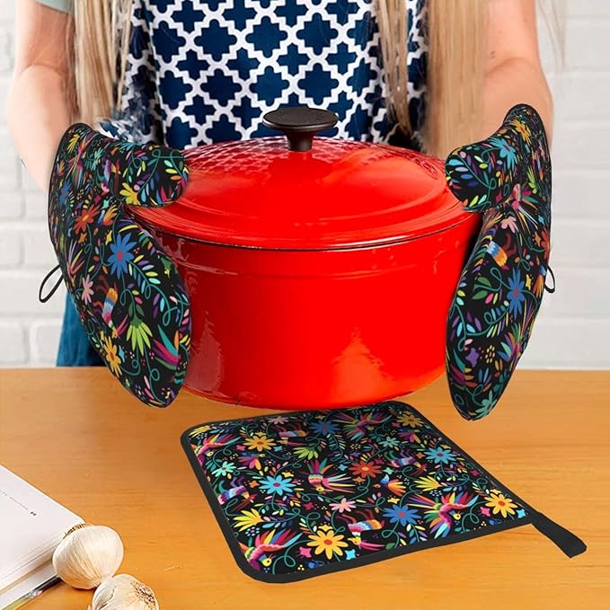 Mexican Folk Art Inspired Oven Mitts & Pot Holders Sets of 3, Polyester Heat Resistant Multicolor Kitchen Gloves and Hot Pads for Cooking Baking Grilling, Gift for Ethnic & Art Enthusiasts, Home Decor