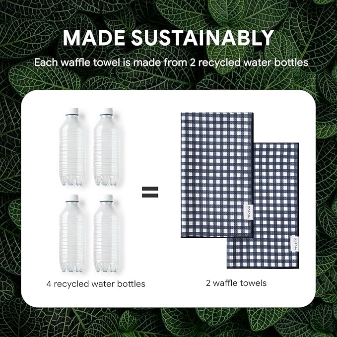 RECYCO Waffle Kitchen Towel Set of 2 - Quick Dry Microfiber Sustainable Dish Towels - Ultra Absorbent Reusable Cleaning Tea Towels - Lightweight Hand Towels,16”x 28”, Navy Blue Plaid
