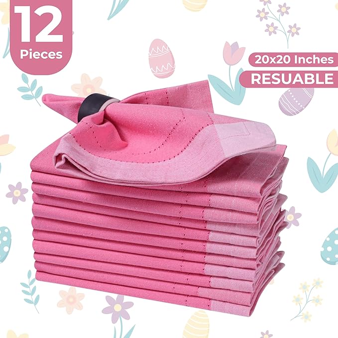 HOMIDATE Cotton Cloth Dinner Napkins Set of 12 – 20x20 Pink Multi Double Hemstitched – Machine Washable Fabric Napkins for Weddings, Parties & Dining Tables