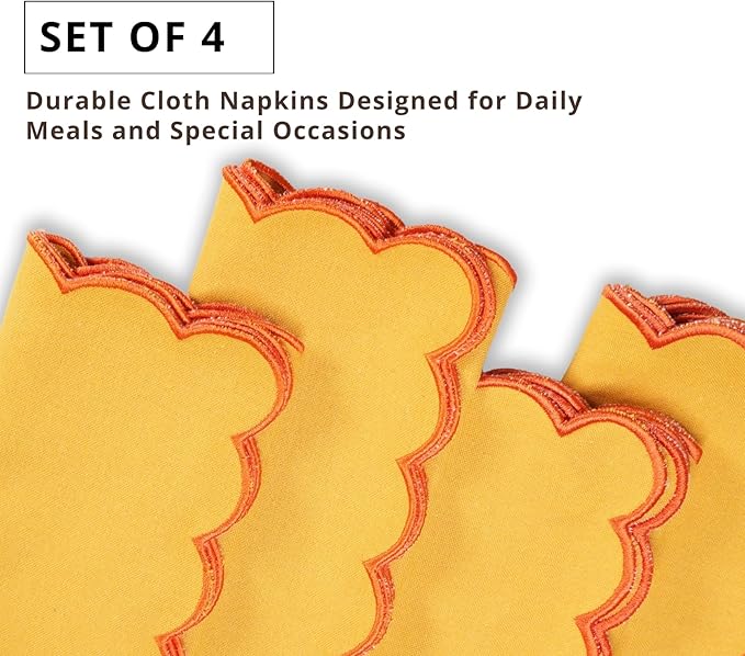 PurpleEssences Scalloped Embroidery Cloth Napkins - Spring Easter Summer - Table Decor - 100% Cotton - Set of 4-18x18 inch - Golden Yellow - Edges - Orange