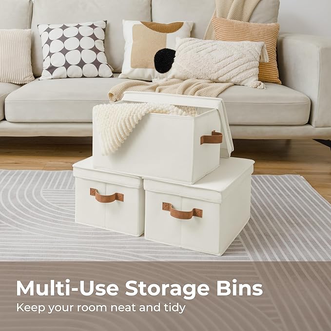StorageWorks Storage Basket with Lid, Decorative Storage Boxes with PU Handles, Stackable Fabric Storage Bins for Closet, Shelves, Ivory, Large, 3-Pack