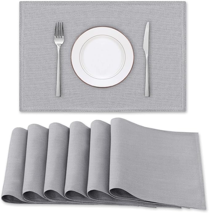 H.VERSAILTEX Linen Placemats Set of 6 Premium Solid Table Placemats for Dining Table Spill-Proof Waterproof Table Mats Heat-Resistant Kitchen Table Mats Washable, 12x18 inches, Grey