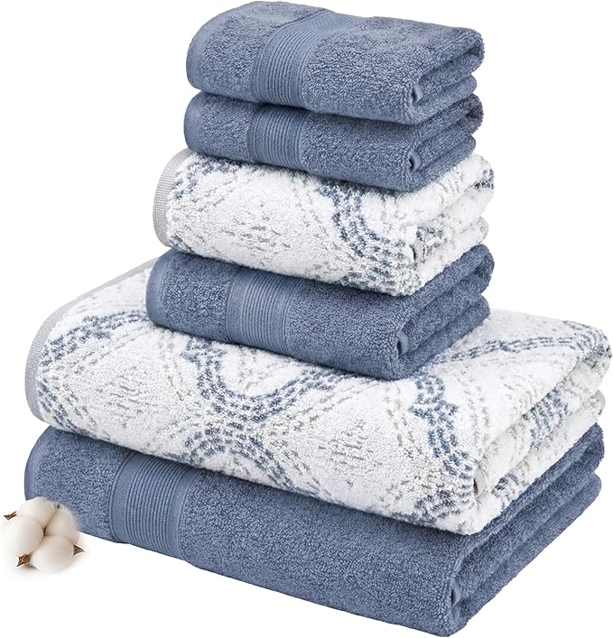Modern Threads Capri 6-Piece Reversible Yarn Dyed Jacquard Towel Set - Bath Towels, Hand Towels, & Washcloths - Super Absorbent & Quick Dry - 100% Combed Cotton, Denim