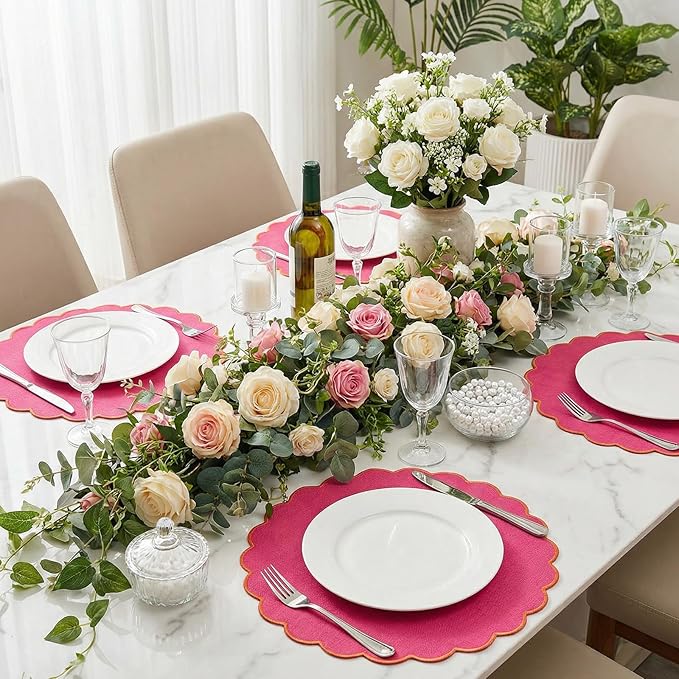 Set of 6 Round Placemats 15 Inch Cotton Scalloped Embroidery Placemat Washable Double Layered Rustic Dinner Table Mat Decor Fabric for Hotel Restaurant Kitchen(Hot Pink/Orange,Classic)