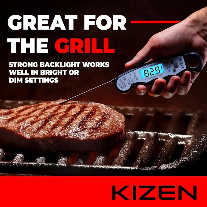 KIZEN Instant Read Meat Thermometer Digital - Food Thermometer for Cooking, Grill, Oven, BBQ - IP67 Rated Waterproof - Large Backlit Display and Magnetic Back