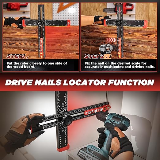 Saker 4-in-1 Drilling Positioning Ruler, Adjustable 13.78in Multifunctional T Square Ruler, Cabinet Hardware Jig, Marking Gauge Tools for Woodworking, Cabinet Drawer Door Hole Drilling Template