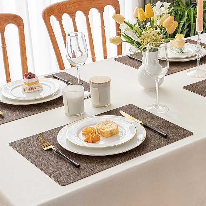 Romanstile Vinyl Placemats Set of 4-12 X 17 Inch - Faux Leather 100% Waterproof Oil-Proof Wipeable Place Mats, Heat Resistant Reversible PU Table Mats for Kitchen Dining Party Outdoor, Brown