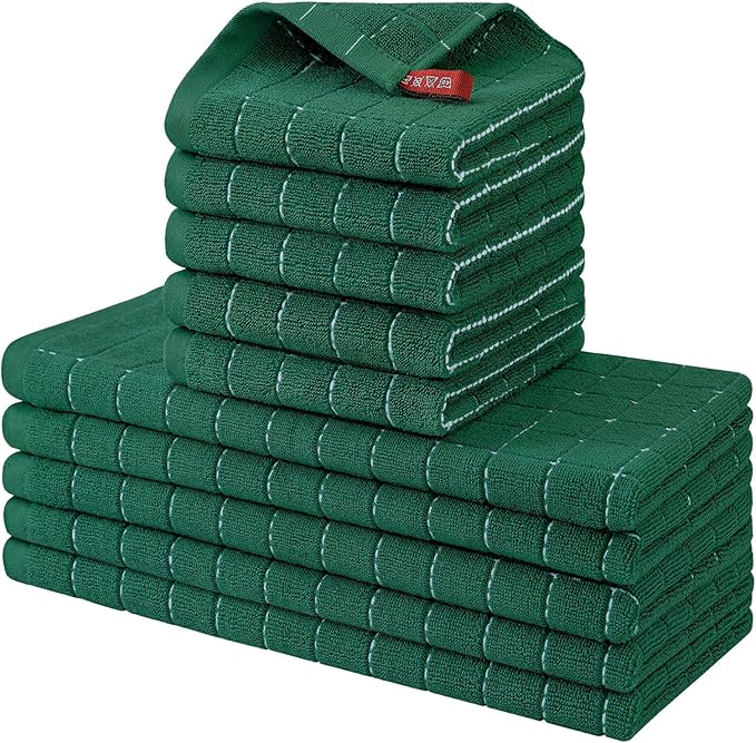 Homaxy Kitchen Towels and Dishcloths Set, 12 x 12 and 13 x 28 Inches, Set of 10 Bulk Cotton Terry Kitchen Towels Set, Checkered Designed, Soft and Super Absorbent Dish Towels, Dark Green