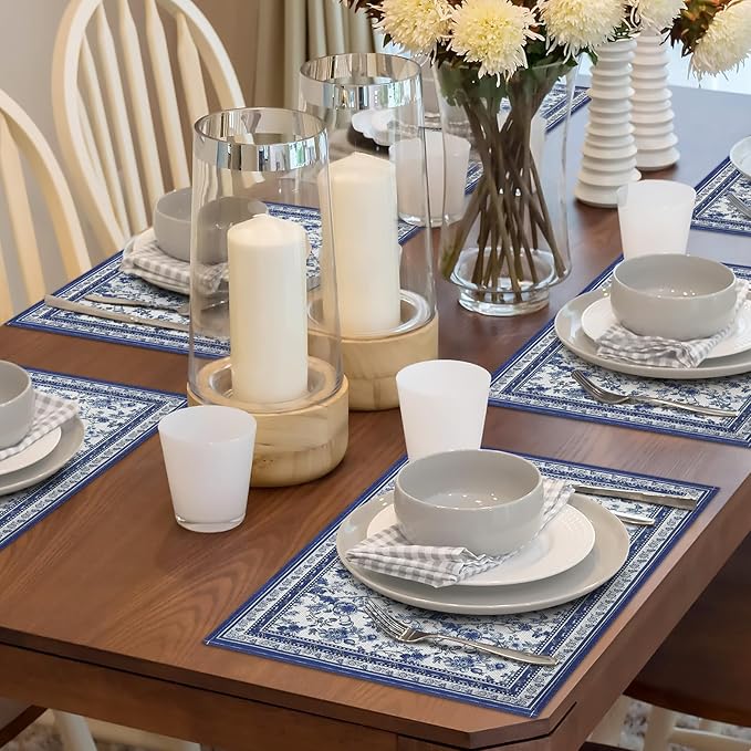 comfoyar Floral Branches Blue Placemats Set of 4, 12x18Inch Non-Slip Vintage Flower Place Mats, Rustic Country Style, Washable Absorbent Table Mats for Framhouse Kitchen Dining Party Table Decoration