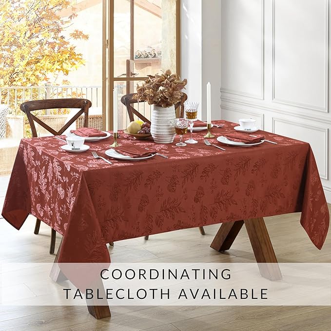 Elrene Home Fashions Elegant Woven Leaves Jacquard Damask Cloth Napkin Set, 17" x 17", Pack of 8, Spice Red
