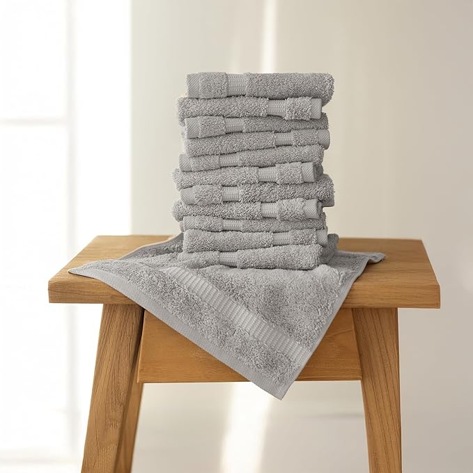 SALBAKOS 100% Turkish Cotton Washcloth Set of 12, 13x13 inch | Premium Quality | Hotel & Spa Collection | Ultra Soft, Super Absorbent, Wash Cloth Towels | Made in Turkey (Silver 12 Pcs Washcloth)