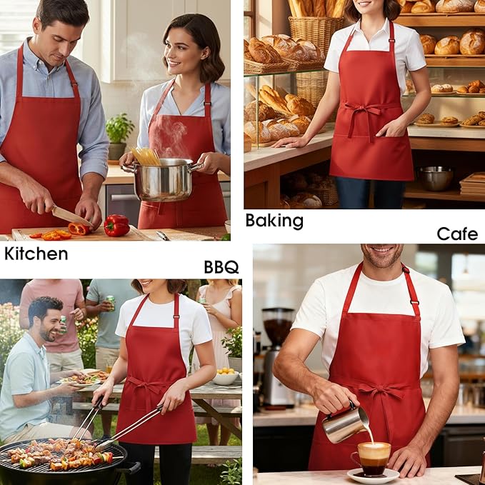 BOHARERS Kitchen Cooking Apron Unisex Adjustable chef apron with 3 pockets,1 Pack Red