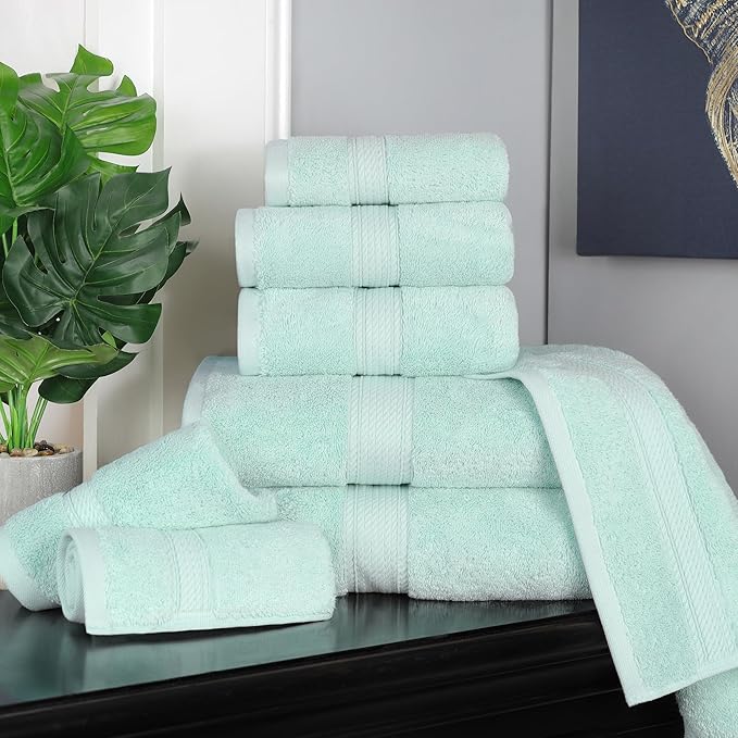 SUPERIOR Egyptian Cotton Pile 8 Piece Towel Set, Includes 2 Bath, 2 Hand, 4 Face Towels/Washcloths, Ultra Soft Luxury Towels, Thick Plush Essentials, Guest Bath, Spa, Hotel Bathroom, Sea Foam